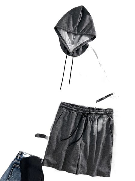 

men color block letter patched drawstring hooded tee & shorts c08a#, Gray