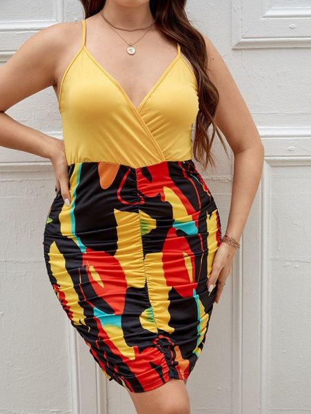 

plus graphic print ruched cami dress a7jc#, Black