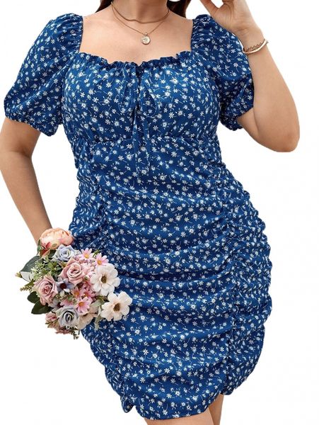 

plus ditsy floral print puff sleeve knot front ruched dress a8wf#, Black