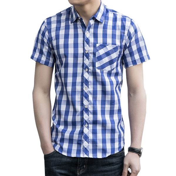 Camisas de moda de verão Men Men Casual Manga curta Camisa xadrez azul de tamanho masculino Men camisetas 5xl 6xl 7xl 210412