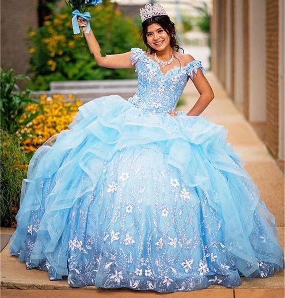 Azzurro Ruffles Appliques Abiti Quinceanera Ball Gown Princess Sweetheart Sweet 15 16 Dress vestidos de 15 a￱os