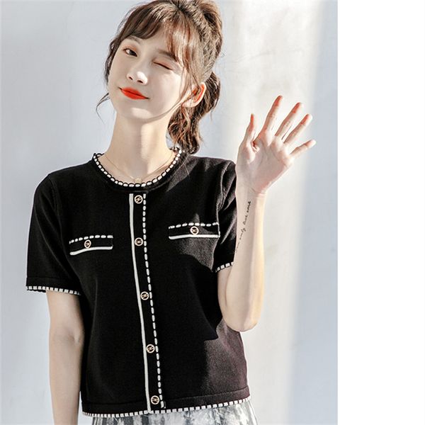 

712 2022 milan runway autumn brand same style sweater short sleeve crew neck pullover women yima, White;black