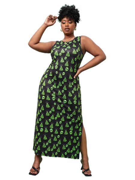 

x the modern alien plus spaceship & alien print slit hem tank dress r6tf#, Black