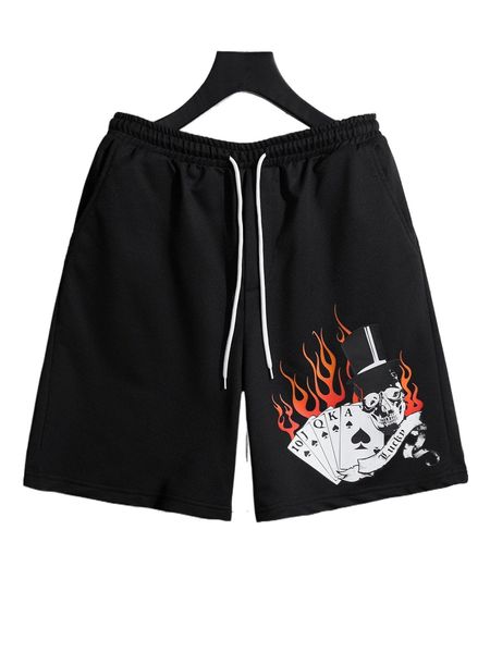 

men random playing card & skeleton print drawstring waist shorts h4vr#, White;black
