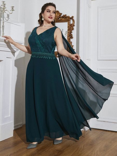

plus cloak sleeve embroidered fringe trim dress 30pm#, Black