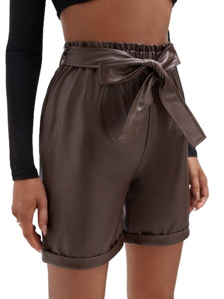 

paperbag waist roll up hem belted pu shorts j4j9#, White;black
