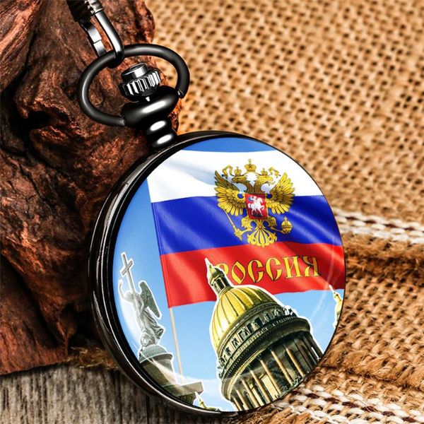 Pocket Watches Full Russian Flag Quartz Principado Black Fob Chain Pingente Antique Relógio Unissex Gifts Numerais Árabe Dialpocket WatchESP