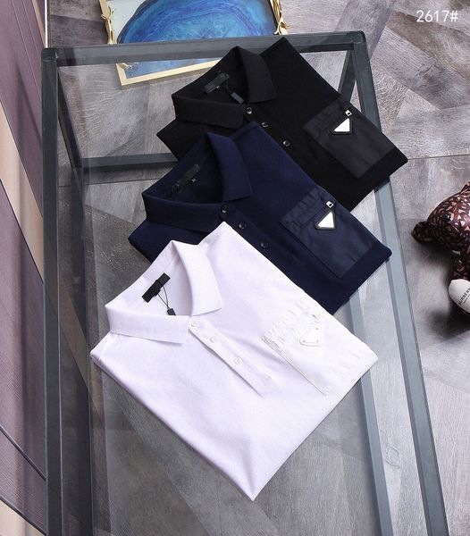 

p mens lapel triangle shirt polos iron standard short sleeve joker mercerized pra t-shirt business pocket polo shirt summer asian size i713#, White;black