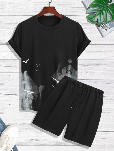 

men bird print tee & drawstring waist shorts p4tw#, Gray