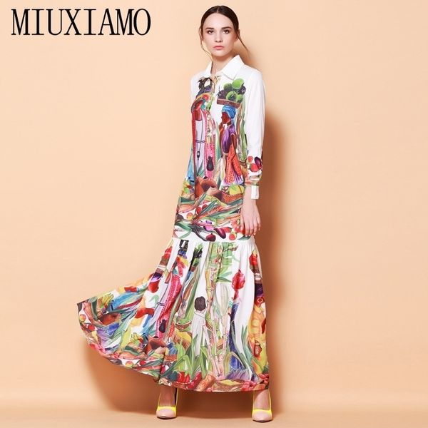 

est fashion runway turn down collar maxi dress long sleeve retro art printed designer long dress y200102, White;black