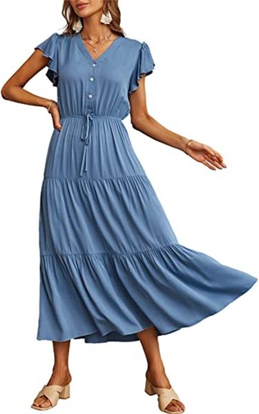 

& tees women's summer short sleeve v-neck causal maxi dress button ruffle tiered flowy swing dress with belt, White