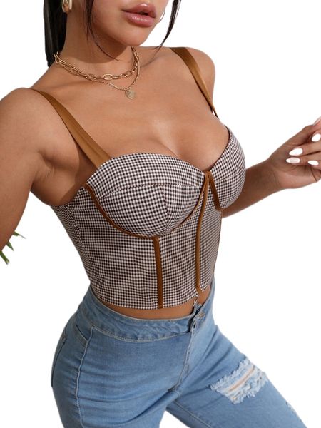 

gingham contrast binding bustier crop cami t0oj#, White