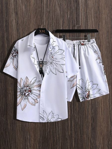 

men floral print shirt & drawstring waist shorts without tee d0kh#, Gray