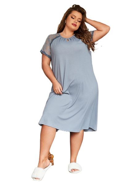 

plus keyhole neck lace raglan sleeve rib-knit nightdress b6rm#, Black;white