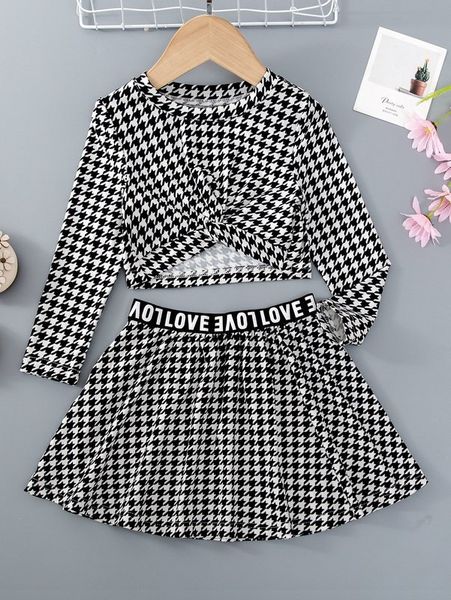 

toddler girls houndstooth twist tee & contrast letter tape skirt she, White