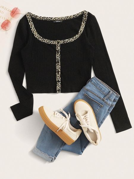 

button front contrast leopard trim rib-knit w4kd#, White