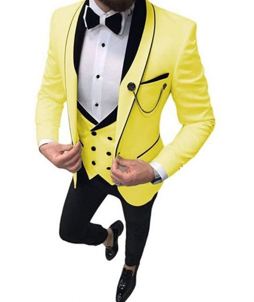 

brand new yellow groom tuxedos shawl lapel slim fit groomsmen wedding dress excellent man jacket blazer 3 piece suit jacket pants vest tie 1, Black;gray