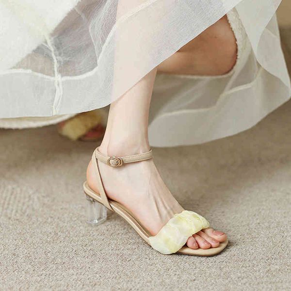 

sandals summer middle heel mesh shoes fairy style pleated thick sandals leaky toe one-sided belt l350, Black