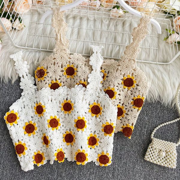 

women sweet camis 2022 spring autumn new lace floral short hollow out outwear camisole korean fashoion chic wild crop 220613, White