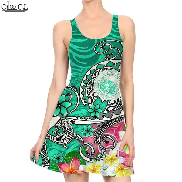 Hawaii-Siegel mit Schildkröte, Plumeria-Kleid, 3D-Muster, polynesisches Kleid, Damen, ärmelloses Mini-Kleid, Sommer-Strandkleider W220616