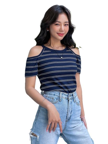 

dazy striped cold shoulder tee 17ti#, White