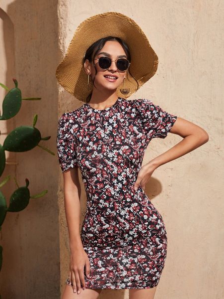 

floral puff sleeve bodycon dress n5p5#, Black;gray