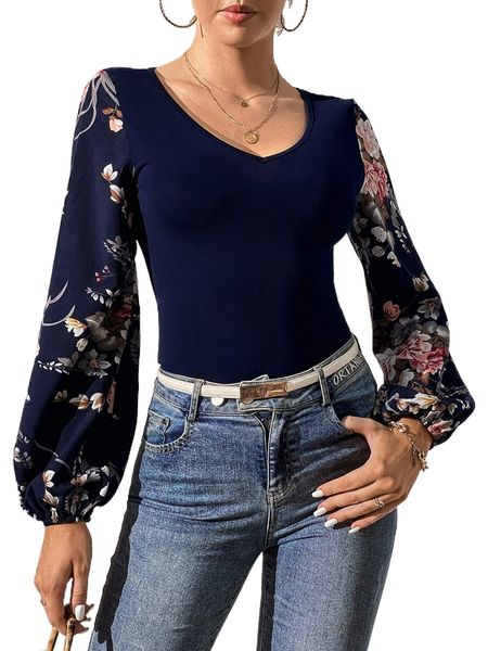 

tall floral print lantern sleeve s1o7#, White