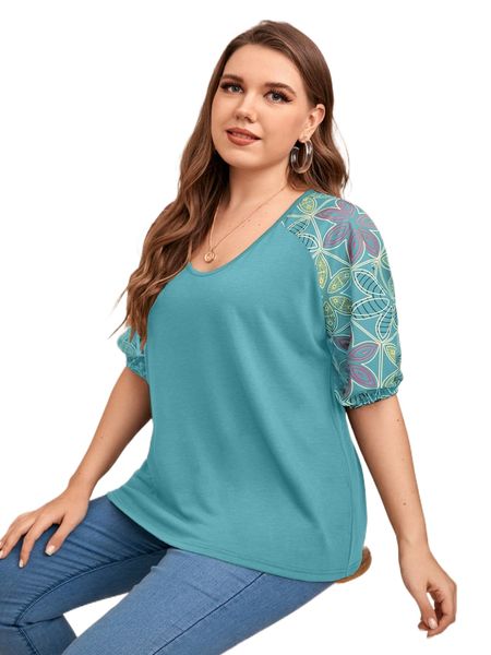 

plus floral print raglan sleeve tee r6ym#, Black