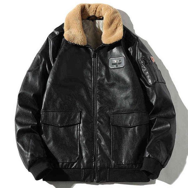 

men winter pu leather jacket lamb fur collar thick warm motorcycle bomber jacket zipper long sleeve streetwear fashion coat t220728, Black