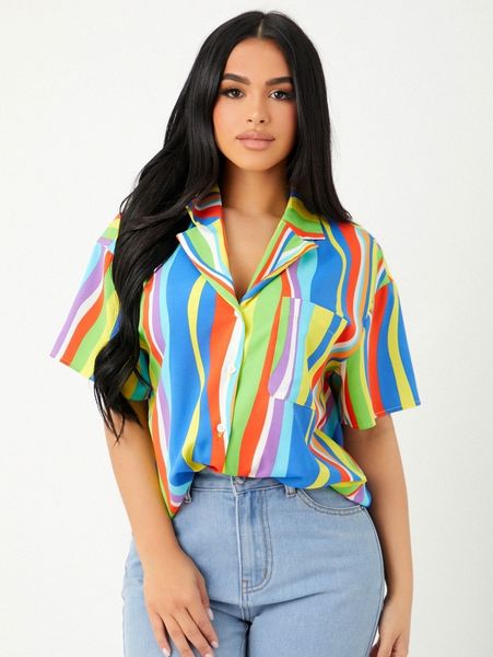

colorful striped drop shoulder patched pocket blouse f1rf#, White