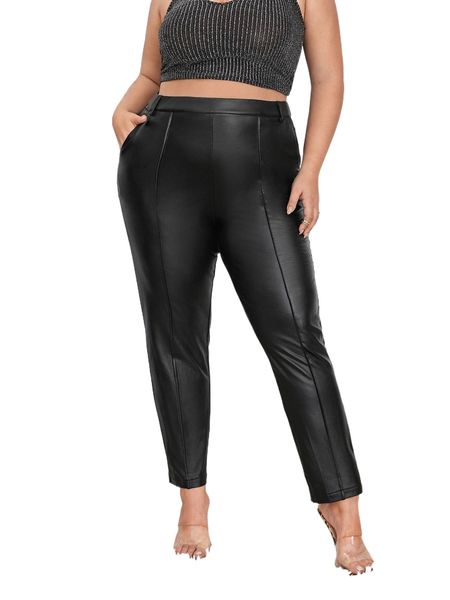 

plus seam front high waist pu leather pants r08m#, Black