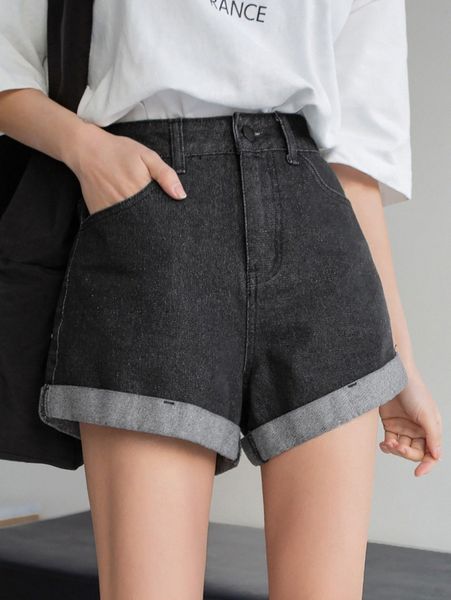 

dazy high waist roll hem denim shorts b4ze#, White;black