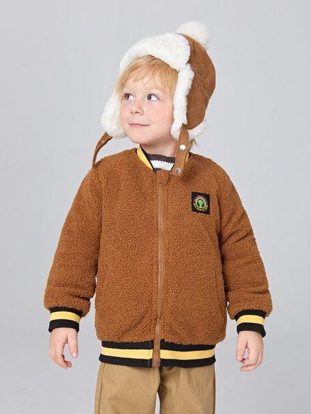 

toddler boys patch detail zip up striped trim teddy bomber jacket she, Blue;gray