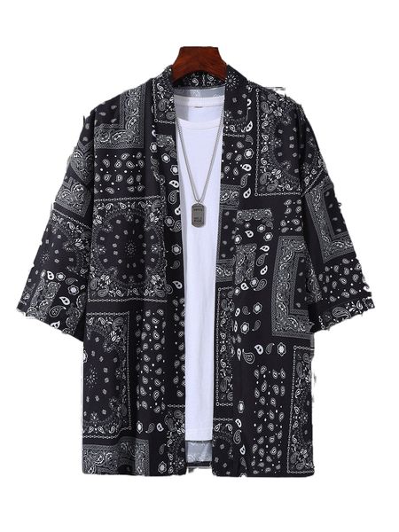 

men scarf print kimono without tee 71lt#, White;black
