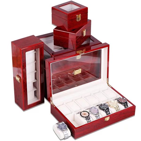 2 3 5 6 10 12 Slots Watch Box Organizer piano com tinta de tinta de madeira Caso de armazenamento de jóias de madeira Homens de vidro relógios de exibição 220719