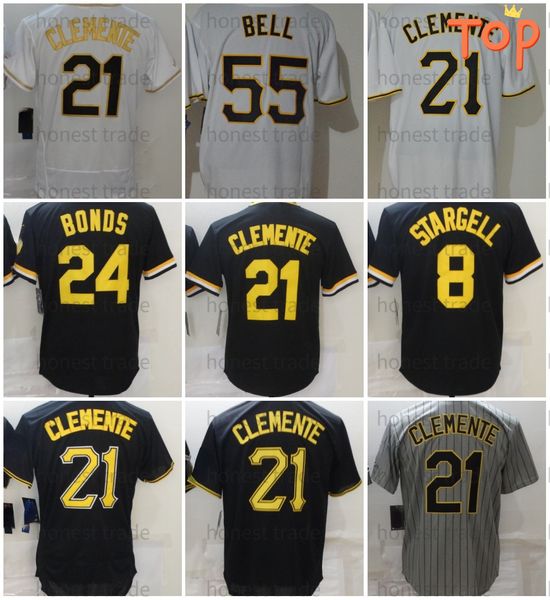 21 Roberto Clemente 55 Bell Baseball Jersey Willie 8 Stargell 24 Barry Bonds Weiß Gelb Schwarz Herren T-Shirt Trikots Qualität