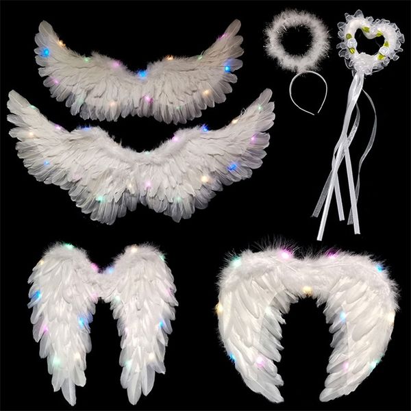 1pc LED Lichter Weiß Schwarz Engel Feder Flügel Halloween Dekoration Frauen Kind Mädchen Cosplay Requisiten Tanz Show Halloween Geburtstag 220527