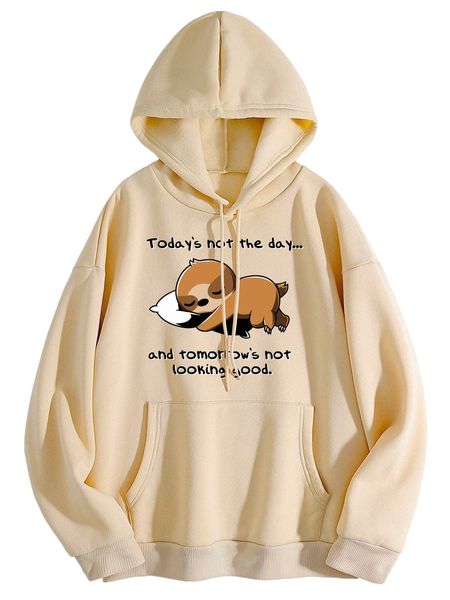 

sloth & letter graphic drawstring kangaroo pocket hoodie v1mw#, Black