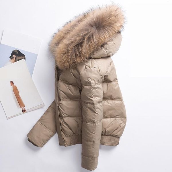 

aig winter women real raccoon fur collar white duck down hooded jacket short coats female slim casual down outerwear y201012, Black