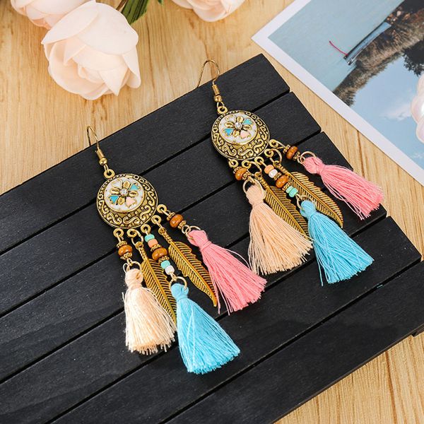 

s3017 bohemian fashion jewelry vintage tassels earrings colorful flower metal feather dangle earrings, Silver