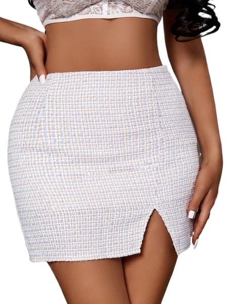 

sxy high waist split hem plaid tweed skirt l1pw#, Black