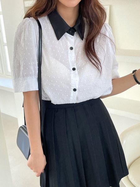 

dazy swiss dot button front contrast collar blouse u3oc#, White