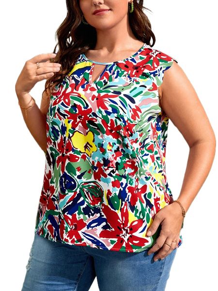 

plus floral print keyhole neckline scallop trim blouse j1st#, Black