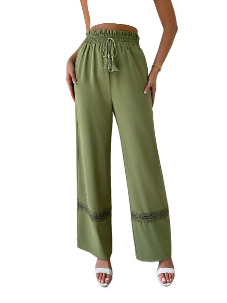 

high waisted contrast lace panel fringe detail pants a7si#, Black;white