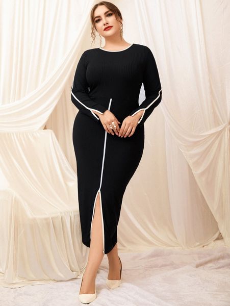 

plus contrast binding split hem dress 75ql#, Black