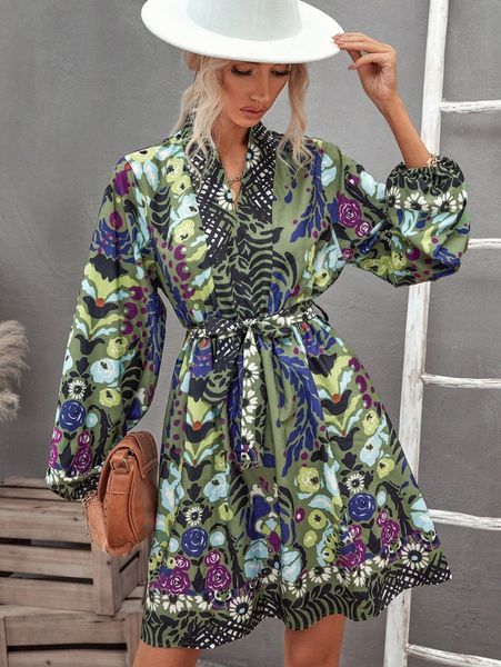 

floral print lantern sleeve belted dress 98vu#, Black;gray