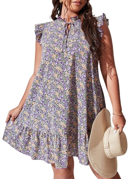 

plus allover floral print tie neck ruffle hem smock dress h1y9#, Black