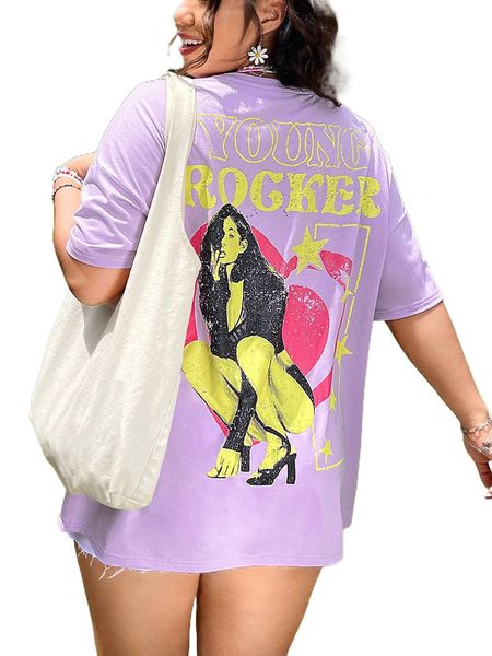 

plus slogan & figure graphic drop shoulder tee w9zq#, Black