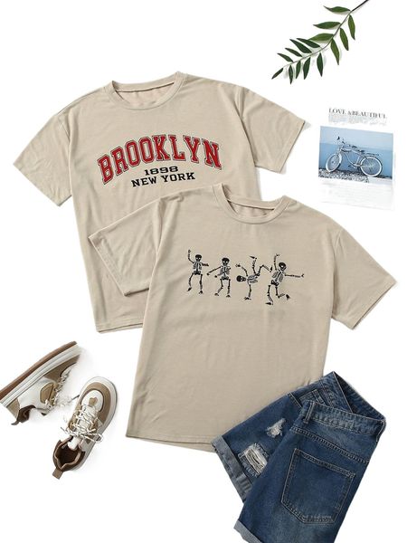 

2pcs letter & skeleton print tee 20ii#, White