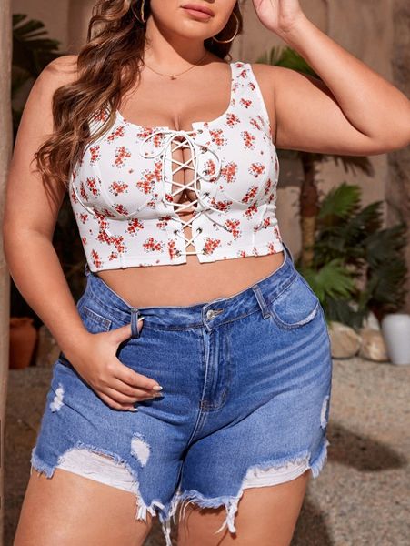 

plus ditsy floral lace up tank e5rv#, Black